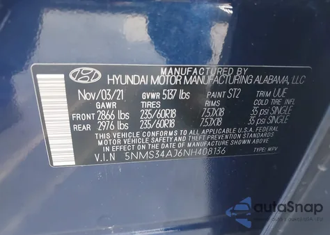 2022 Hyundai Santa Fe Sel z USA, uszkodzony, nr VIN 5NMS34AJ6NH408136